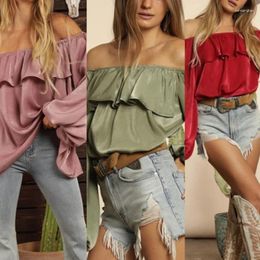 Women's T Shirts Womens Ruffle Trim Tee Top Sexy Off Shoulder T-Shirts Long Sleeve Blouse Female Shirt Summer Casual