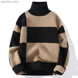 New Turtleneck Sweater Casual Men's Rollneck Knitted Sweater Keep Warm Long Sleeve Sweatshirt High Neck Patchwork Design Q230830
