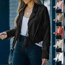 Women's Jackets Ladies Fashion Solid Colour Fringe Faux Suede Leather Jacket Motorcycle Cropped