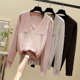 Women's Knits 2023 Autumn Large Fashion Button Pocket Versatile V-neck Knitted Sweater With Inner Layer And Outer Top