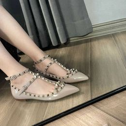 Valention Riveted Best-quality Heels Roman Shoes Pointed Flat Leather Straps Elegant Flat Heels Rivet Shallow Single Shoes Wedding Shoes Lhq30