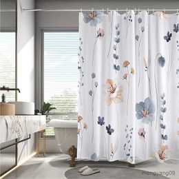 Shower Curtains Watercolour flower shower curtain blue beige flower pattern waterproof with fabric bathroom decoration R230831