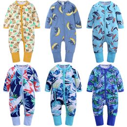 Rompers 0 3Y Baby Boys Girls Long Sleeve Clothing Set Toddler Crewneck Print Cartoon Overalls Cotton Double Zipper Jumpsuit 230830