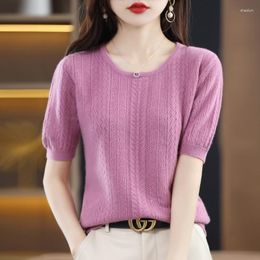 Women's Sweaters Pure Wool And Pullovers Autumn Female O-Neck Hollow Out Short SLeeve Knit Jumper Soft Tops Spring
