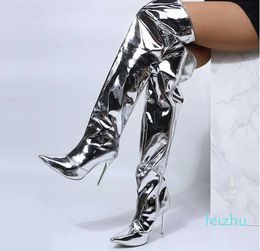 Boots Over The Knee Long Boots Mirror Platform Pointy Toe Punk High Thin Heels Boots Autumn Winter Zipper Silver Casual Party Shoes