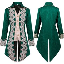 Men's Casual Shirts Mens Green Embroidery Steampunk Vintage Tailcoat Jacket Gothic Victorian Frock Coat Uniform Renaissance Pirate Halloween Costume 230829