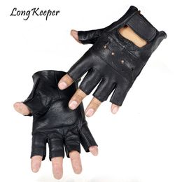 Mittens Long Keeper Men Genuine Leather Gloves High Quality Slipresistant Luvas Half Finger Sheep Fingerless gants moto 230829