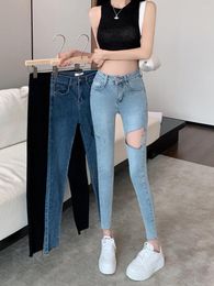 Women's Jeans Real Time Shooting Of Holes 9-point High Waisted Pencil Summer Thin 2023 Spicy Girl Design Slim Fit And Small