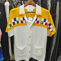 Men's Sweaters Y2k Yellow Casablanca Sweaters for Men Colored Checkered Knit Short Sleeve Women's Large 1 1 High Quality Sweatshirt 230830