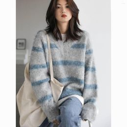 Women's Sweaters Wool Striped Sweater For Women Autumn-Winter Crew-neck Casual Pullover Simple Black And White D149