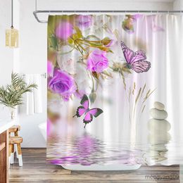 Shower Curtains Butterfly Shower Curtains Floral Bath Curtain Watercolor Flowers and Green Leaves Fabric Curtains for Bathroom Decor R230830