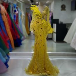 2023 Aso Ebi Arabic Mermaid Yellow Prom Dress Pearls Crystals Sexy Evening Formal Party Second Reception Birthday Engagement Gowns Dresses Robe De Soiree ZJ240