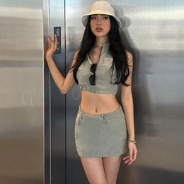 Work Dresses Grey Dress Sets Summer Clothes Y2k Streetwear Zipper Off Shoulder Crop Tops Mini Skirts Solid Women Outfits Two Piece Set