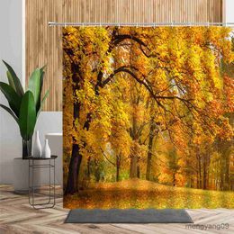 Shower Curtains Forest Maple Tree Shower Curtain Waterfall Jungle Autumn Nature Orange Leaves Bathroom Decor Bath Curtains Home Decoration Cheap R230831