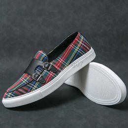 Dress Shoes Classic Canvas Plaid Moccasin Loafers Men's Shoes High Quality Fashion Nightclub Outdoor Double Buckle All-match Casual Shoes