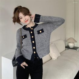 Women's Sweaters Autumn And Winter 2023 Vintage Temperament Color Contrast Heavy Industry Metal Button Celebrity Style Short Long Sleeve