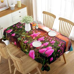 Table Cloth Tulip Tablecloth 3D Pink Flower Plant Pattern Cover Rectangle For Kitchen Living Room Dining Home Picnic Decoration