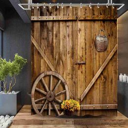 Shower Curtains Rustic Old Wooden Door Shower Curtain Lamp Barn Flower Basket Plant Farmhouse Art Fabric Bathroom Decor R230831