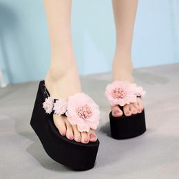 Slippers Summer High Heel For Women Bohemia Floral Outdoor Shoes Fashion Flower Decoration 8cm Wedged Heels Flip Flops