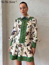 Basic Casual Dresses Green Elegant Women's Printed Mini Dress Long Lantern Sleeve Flower Holiday Dresses Single Breasted Lapel A-line Ladies Vestido T230825