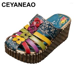 Slippers CEYANEAOSummer Hollow Handmade Shoes Women Slides Genuine Leather Cover Toes Flower Women's Platform Wedges