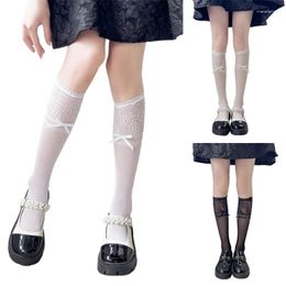 Women Socks Hollow Lace Printed Thin Calf Spring Summer Sweet Cool Girl Floral Mesh Bowknot Stockings Breathable Long