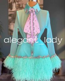Mint Organza Short Prom Homecoming Dresses Long Sleeve Crystal Beade Feather Skirt Mini Evening Birthday Occasion Gown