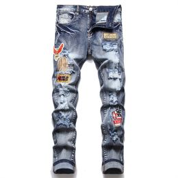 Men's jeans Perforated Embroidery Trendy Elastic Slim Fit Leggings