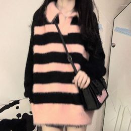 Women's Sweaters Polo Collar Pullovers Pink Black Striped Knitwears Girls Autumn Winter Long Sleeve Sweater Loose Outerwear Pull Femme