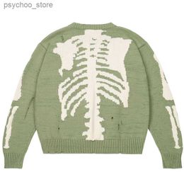 Men Oversized Sweaters Damage Hole Green Skeleton Bone Printing Knitted Sweaters Women High Street Loose Vintage Sweater Q230830