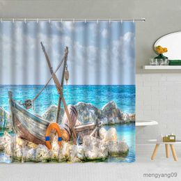 Shower Curtains Seaside Holiday Scenery Shower Curtains Green Plant Seagull Sea Beach Landscape Bathroom Decor Waterproof Cloth Curtain Set R230830