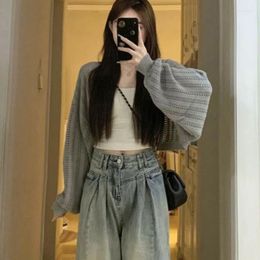 Women's Knits Grey Hollow Out Knitted Cardigan Coat 2023 Autumn Fashion Long Sleeve V-Neck Jacket Loose Casual Short Outerwear