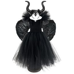 Theme Costume Black Witch Costume Wing Horns Kid Girls Tutu Dress Ankle Length Halloween Devil Cosplay Clothes for Child Party Po Prop Gift 230829