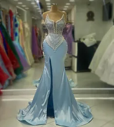 2023 Aso Ebi Arabic Mermaid Sky Blue Prom Dress Pearls Beaded Satin Evening Formal Party Second Reception Birthday Engagement Gowns Dresses Robe De Soiree ZJ32