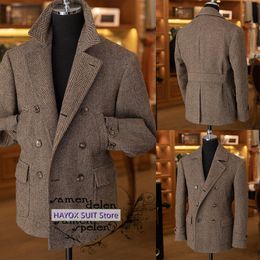 Men's Suits Blazers Men's Cropped Coat Herringbone Double Breasted Vintage Brown Tweed Men's Fashion Wedding Blazer Slim Fit Casual Commuting 230829