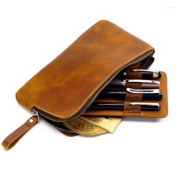 Wallets Crazy Horse Leather For Men Large Capacity Long Clutch Wallet With 4 Pen Slot Male Purse Phone Pocket Pencil Box