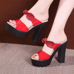 Slippers Plus Size 32-43 Block Heels Summer Wedding Shoes Women 2023 Bow High Heel Slides Ladies Patent Leather