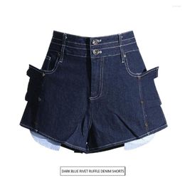 Women's Jeans 2023 Summer High Waist Slim Dark Blue Riveted Ruffle Edge Contrast Denim Shorts Pants