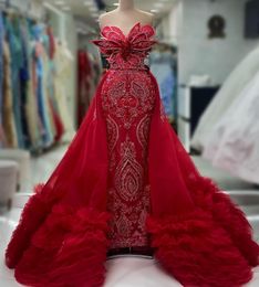 2023 Aso Ebi Arabic Mermaid Red Prom Dress Crystals Beaded Evening Formal Party Second Reception Birthday Engagement Gowns Dresses Robe De Soiree ZJ361