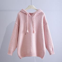 Women's Sweaters Pink Hooded Knitted Women Sweater Pullovers Autumn Winter Solid Thicken Warm Female Pulls Outwear Coats Tops