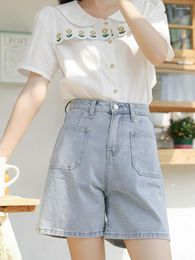 Women's Shorts Summer Women Straight Loose Blue Denim Streetwear Female High Waist Button Pocket Jeans Bottoms