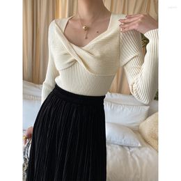 Women's Sweaters Ruched Fashion Knitting Women Sweater Pullover Full Sleeves Beige Sexy Slim Fit Casual Korean Tops Jumper Clothes