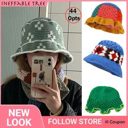 Wide Brim Hats Bucket Hats Y2K Japan Handwoven Cotton Yarn Crochet Bucket Hats Spring Summer Soft Sun Hat Women Beach Hats Plaid Flower Bob Fisherman Caps 230829