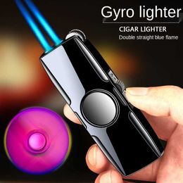 Fingertid gyro lighter double straight fashion blue flame anti-air personalized rotary stone sand wheel cigarette men's 26U2