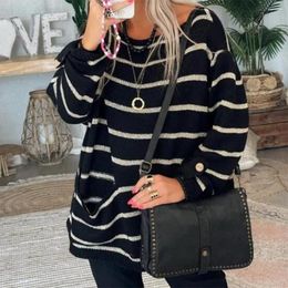 Women's Sweaters O-Neck Long Sleeves Big Pocket Buttons Cuffs Pullover Sweater Lady Autumn Winter Striped Print Oversized Knitting Daily