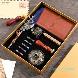 Antique Gear Metal Journal Retro Stylish Feather Steampunk Quill Ink Pen Sealing Wax Stamp Notebook Pen Steampunk Set for Gifts