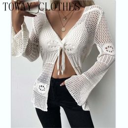 Women s Knits Tees V Neck Rib knit Bell Sleeve Tie Front Hollow Out Cardigan Chic Sweater For Women 230829