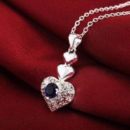 Pendant Necklaces Fashion Luxury 925 Stamp Silver Colour Necklace For Women Jewellery Classic Blue Crystal Heart Birthday Gifts Wedding Party