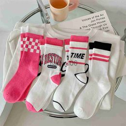 Others Apparel Pink Double Ribbed High Waist Spring and Autumn Tide Korean Version of Street Two Stripes Letter Sports Fashion Midtube Socks J230830