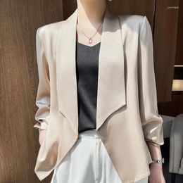 Women's Suits Satin Jackets Women Blazers Blouses Summer Shirts Thin Casual Design Solid Three Quarter Sleeve Cardigan Coats Clothing